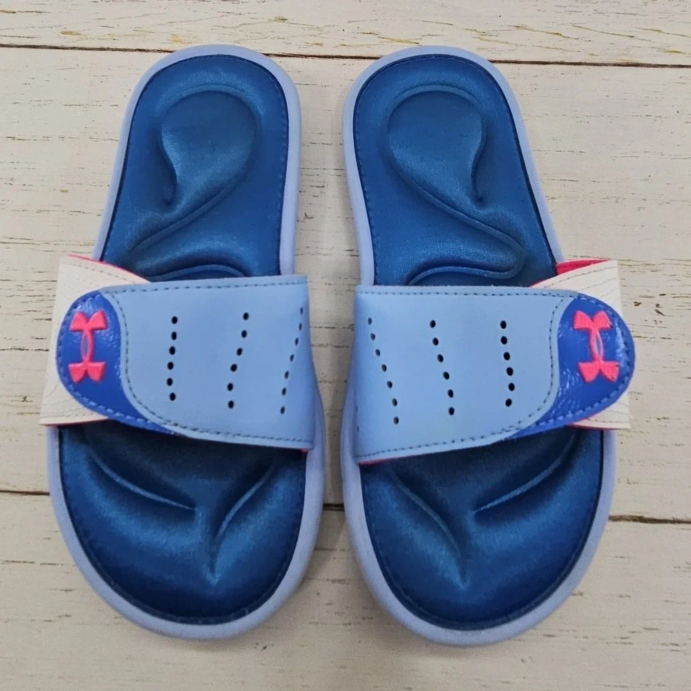 Under Armour Ignite VI Slides Youth Size‎ 2Y Blue Pink Adjustable Strap Sandals